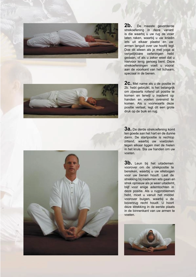 2b.  De meeste gevorderde  strekoefening in deze variant  is die waarbij u uw rug de vloer  laten raken, waarbij u uw knieën  iets uit elkaar plaatst en uw  armen languit over uw hoofd legt.  Doe dit alleen als je met yoga al  vergelijkbare oefeningen hebt  gedaan, of als u zeker weet dat u  hiervoor lenig genoeg bent. Deze  strekoefeningen voelt u vooral  aan de voorkant van het lichaam,  speciaal in de benen. 2c.  Met name als u de positie in  2b. hebt gebruikt, is het belangrijk  om zijwaarts rollend uit positie te  komen en terwijl u inademt op  handen en voeten overeind te  komen. Als u voorwaarts deze  positie verlaat, legt dit een grote  druk op de buik en rug. 3a.  De derde strekoefening komt  ten goede aan het hart en de dunne  darm. De startpositie is rechtop  zittend, waarbij uw voetzolen  tegen elkaar liggen met de hielen  in het kruis. Sla uw handen om uw  voeten. 3b.  Leun bij het uitademen  voorover om de strekpositie te  bereiken, waarbij u uw ellebogen  voor uw benen houdt. Laat de  strekking bij inademen iets gaan en  strek opnieuw als je weer uitademt,  blijf voor enige ademtochten in  deze positie. Als u rugproblemen  hebt, moet u vanuit het middel  voorover buigen, waarbij u de  bovenrug recht houdt. U hoort  deze strekking in de eerste plaats  in de binnenkant van uw armen te  voelen.