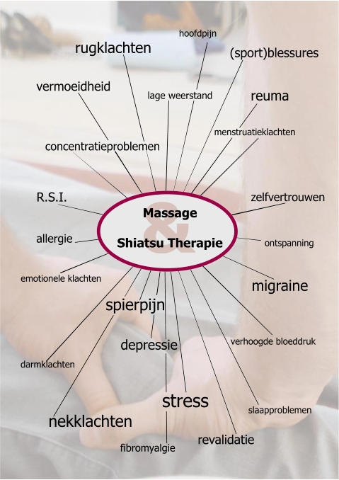 migraine stress verhoogde bloeddruk zelfvertrouwen rugklachten slaapproblemen (sport)blessures menstruatieklachten vermoeidheid emotionele klachten nekklachten R.S.I. hoofdpijn allergie ontspanning reuma fibromyalgie & Massage Shiatsu Therapie lage weerstand concentratieproblemen spierpijn depressie darmklachten revalidatie